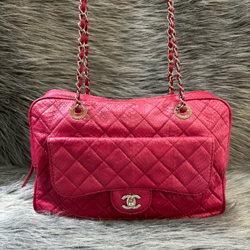 CHANEL 限量 櫻桃 紅 銀鍊 蛇皮 蟒蛇 手提包 肩背包 相機包 GST CAMERA-0