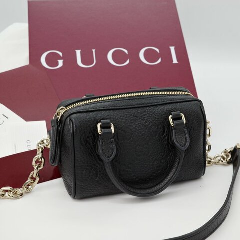 【超級新✨✨台灣購證配件齊全】GUCCI EMBLEM MINI  黑色 牛皮壓花 迷你波士頓 兩用 手提包 斜背包