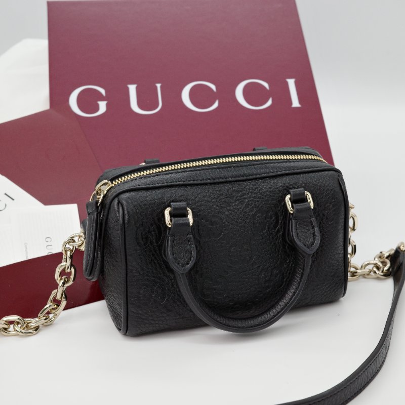 【超級新✨✨台灣購證配件齊全】GUCCI EMBLEM MINI  黑色 牛皮壓花 迷你波士頓 兩用 手提包 斜背包-0