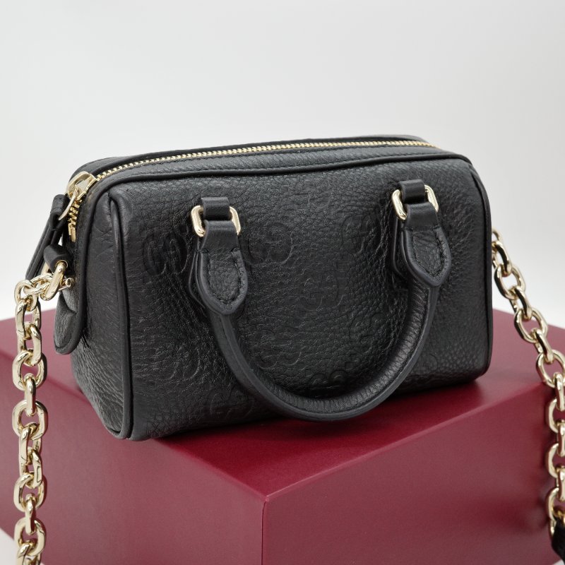 【超級新✨✨台灣購證配件齊全】GUCCI EMBLEM MINI  黑色 牛皮壓花 迷你波士頓 兩用 手提包 斜背包-9