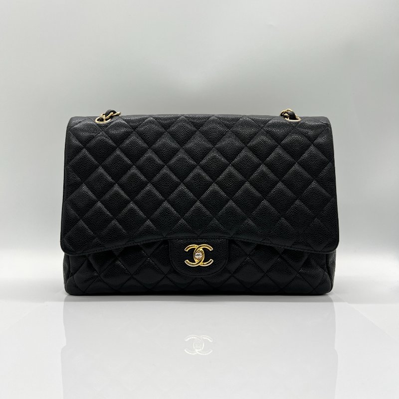 CHANEL 香奈兒經典黑金荔枝皮口蓋包|33cm大號Maxi|-0