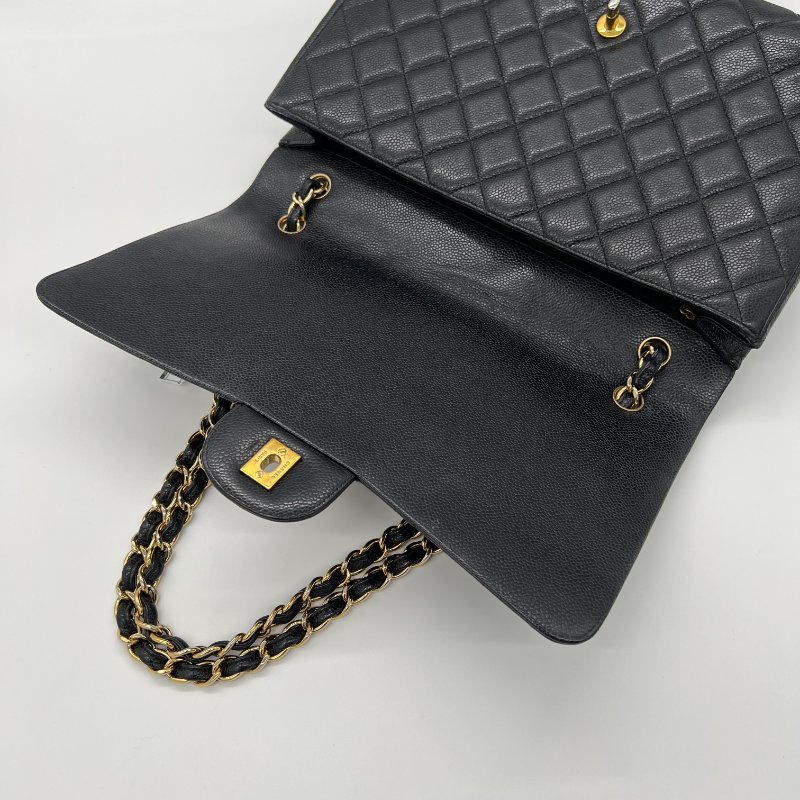 CHANEL 香奈兒經典黑金荔枝皮口蓋包|33cm大號Maxi|-6