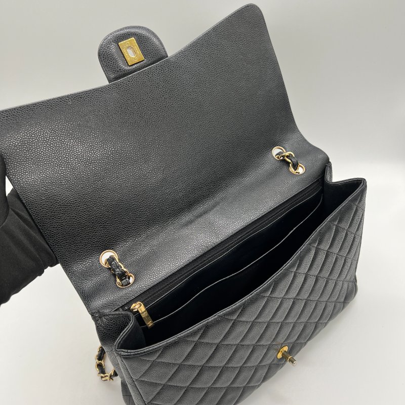 CHANEL 香奈兒經典黑金荔枝皮口蓋包|33cm大號Maxi|-7