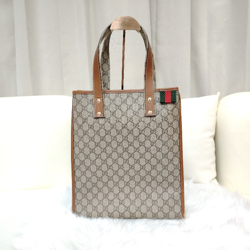 GUCCI Signature 咖啡色拼鳥木色 老花 塗層帆布 小號 豎版-0