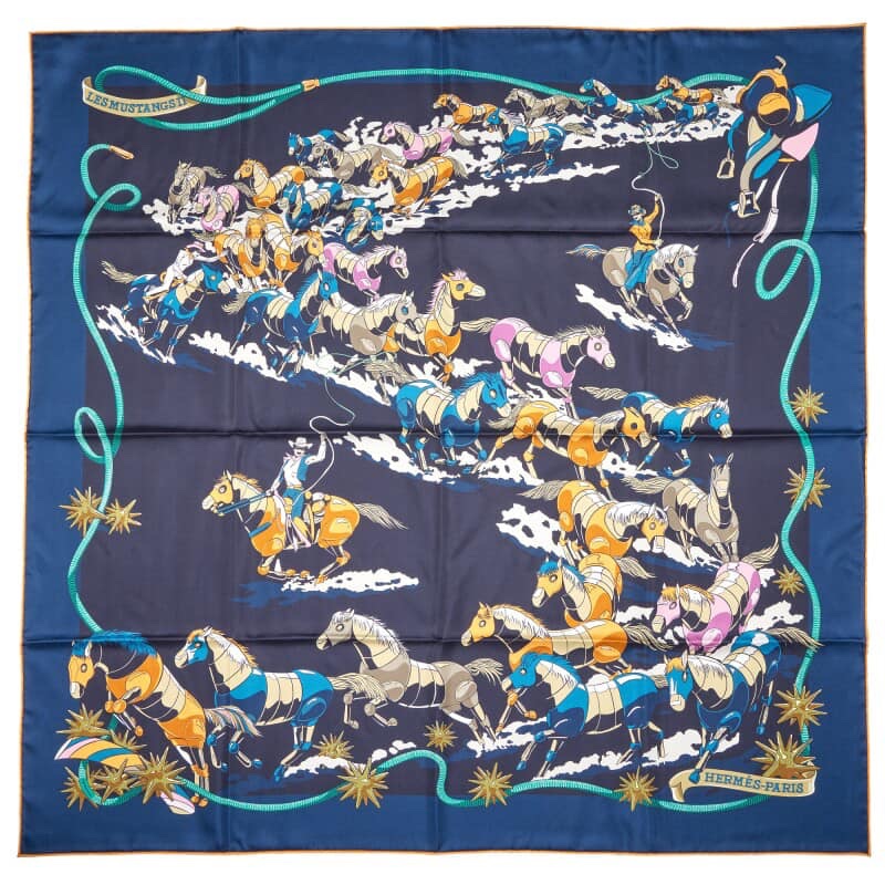 Hermès 絲巾 Blue Noir, Mandarine and Rose Les Mustangs II Double Face Silk Scarf 90-1