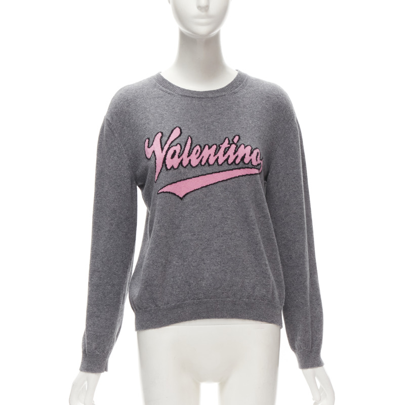VALENTINO grey virgin wool cashmere pink cursive graphic logo sweater top M-0