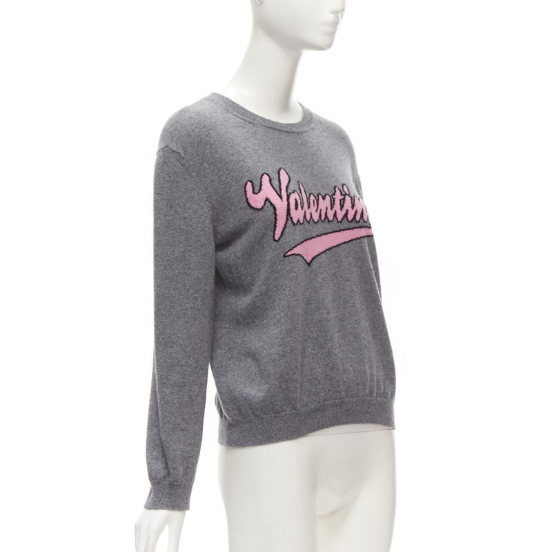 VALENTINO grey virgin wool cashmere pink cursive graphic logo sweater top M-2