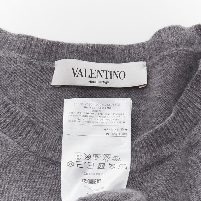 VALENTINO grey virgin wool cashmere pink cursive graphic logo sweater top M-7