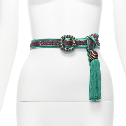 YVES SAINT LAURENT Rive Gauche 1980's green purple gold tassel woven hobo waist belt