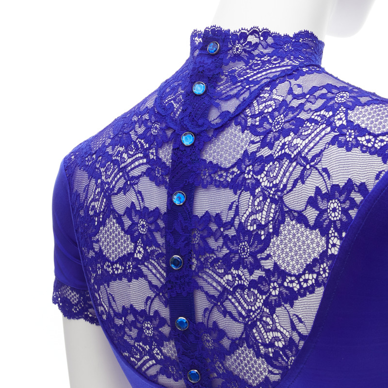 GIANNI VERSACE Vintage blue lace satin panels blue crystal body suit top-6