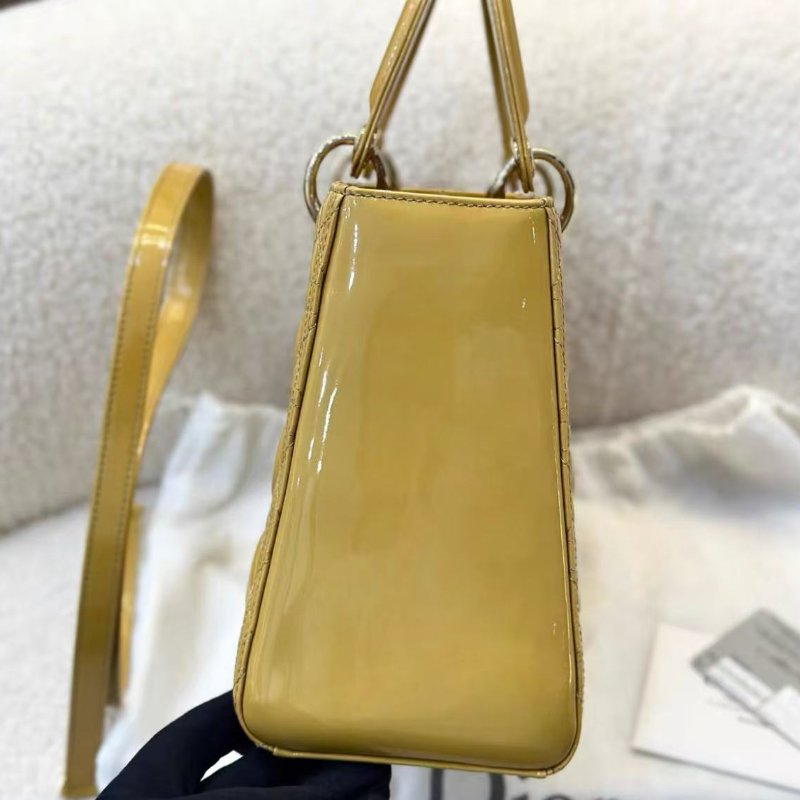 Dior 姜黃色金扣漆皮五格黛妃包 手提斜背包98新 配件塵袋保卡-3