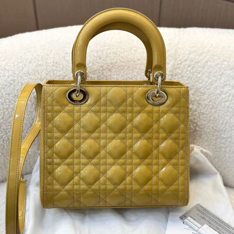 Dior 姜黃色金扣漆皮五格黛妃包 手提斜背包98新 配件塵袋保卡-4