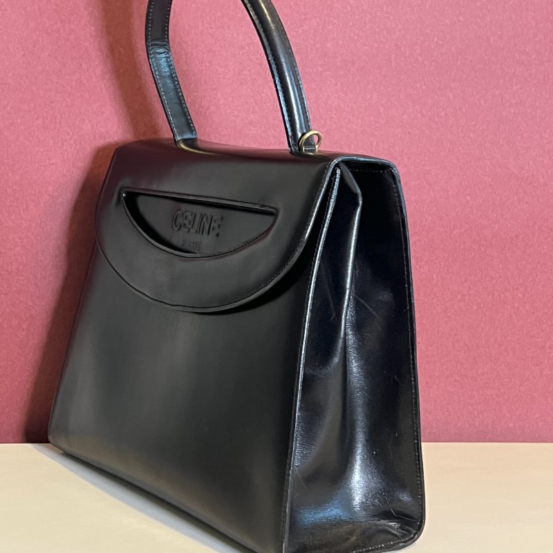 Celine席琳獨特開蓋設計黑色皮革中古手提袋肩背包 日本vintage-1