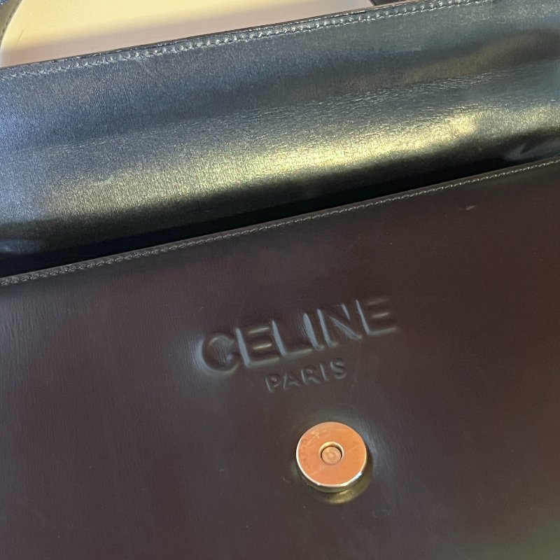 Celine席琳獨特開蓋設計黑色皮革中古手提袋肩背包 日本vintage-6