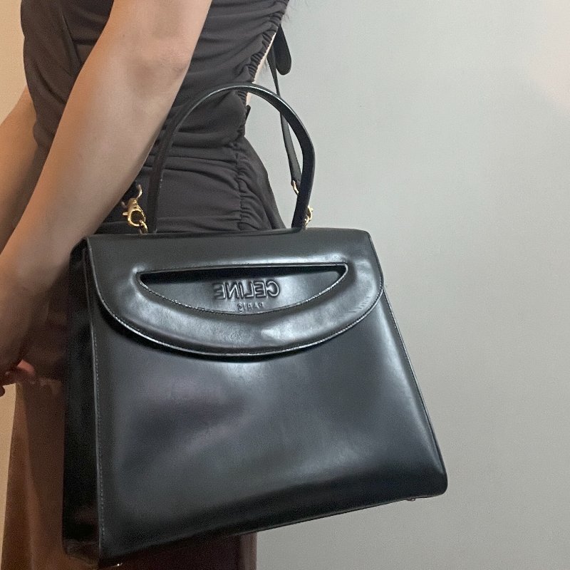 Celine席琳獨特開蓋設計黑色皮革中古手提袋肩背包 日本vintage-15