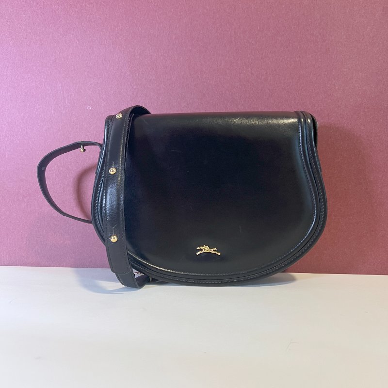 Longchamp金屬logo黑色皮革斜孭袋腋下包肩背袋 日本中古Vintage-0