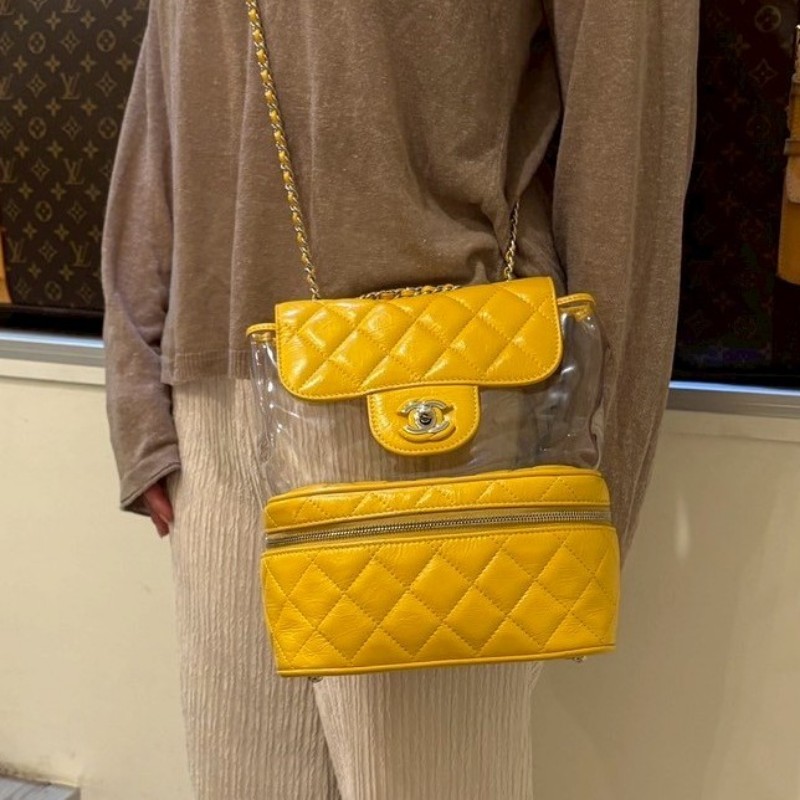 Chanel 銀鍊雙層黃色/透明肩側兩用包-1