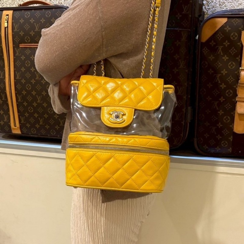 Chanel 銀鍊雙層黃色/透明肩側兩用包-2