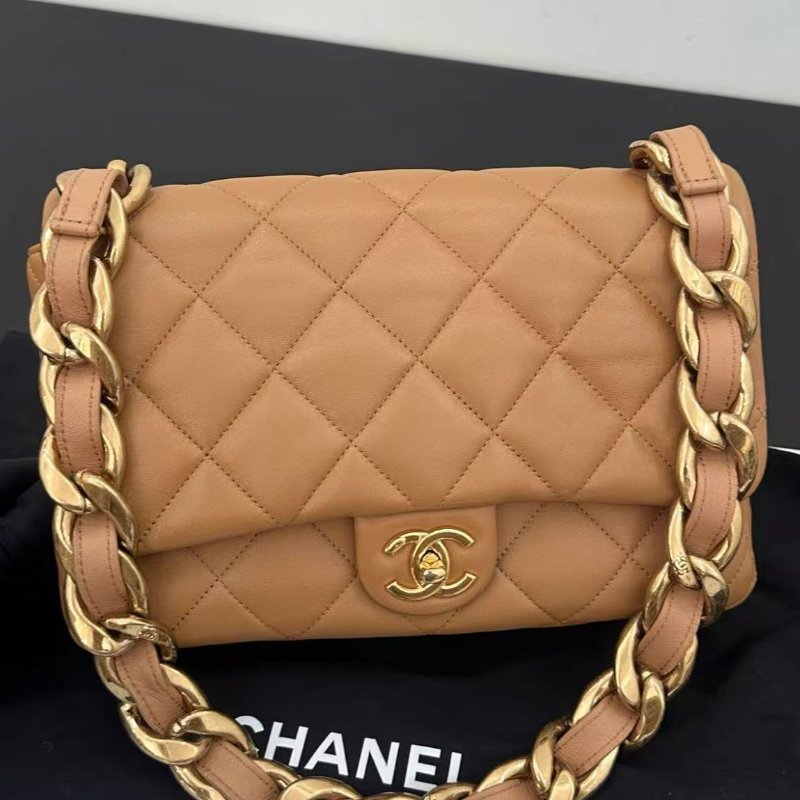 Chanel 23p焦糖色 金扣粗鏈條CF肩背包 底長26cm 99新配件塵袋-0