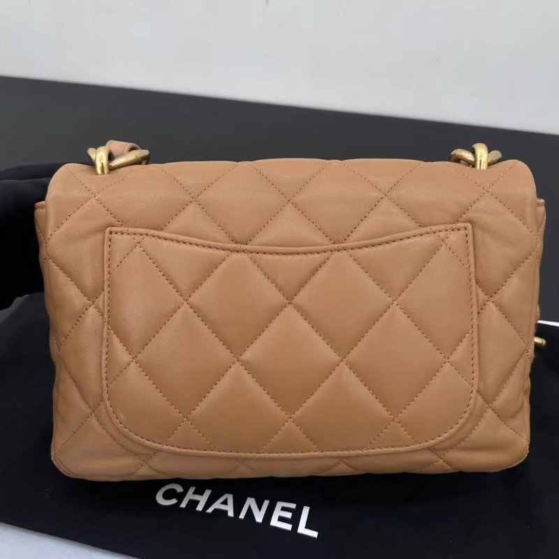 Chanel 23p焦糖色 金扣粗鏈條CF肩背包 底長26cm 99新配件塵袋-4