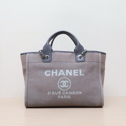 CHANEL(香奈兒) 沙灘包 帶手柄帆布版 中號 33cm 卡其色 帆布 晶片開 銀扣