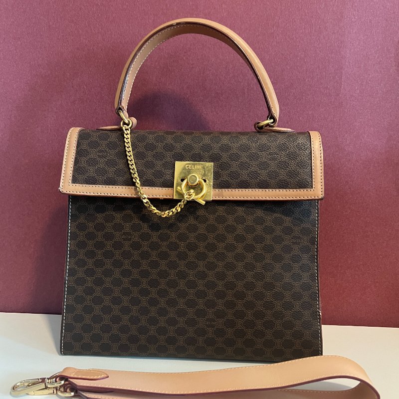 Celine Kelly凱旋門啡色手提包肩背側肩袋 送肩帶 中古vintage-0