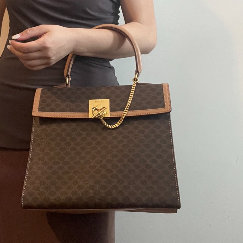 Celine Kelly凱旋門啡色手提包肩背側肩袋 送肩帶 中古vintage-6