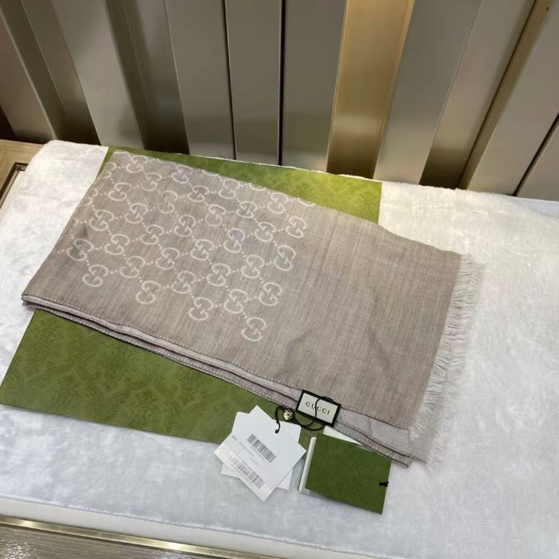 gucci 羊毛圍巾雙面淺咖色灰色 180×45 全新 配件紙袋-0