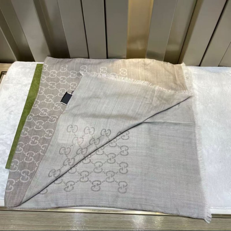 gucci 羊毛圍巾雙面淺咖色灰色 180×45 全新 配件紙袋-1