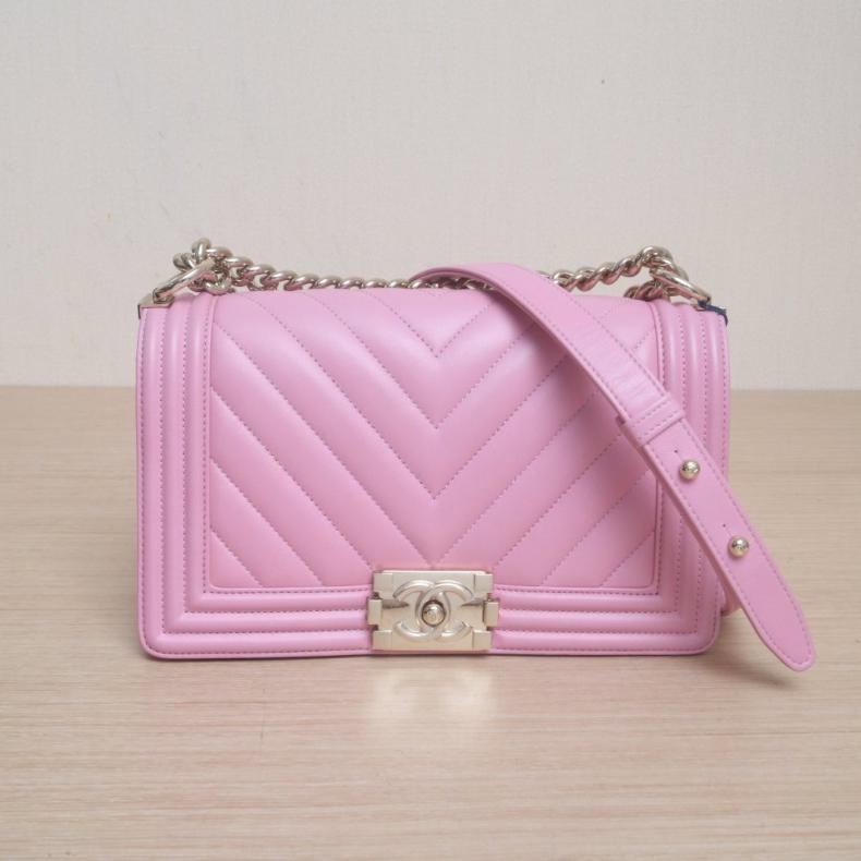 CHANEL(香奈兒) Leboy 中號 25cm 粉紅色  晶片開 金扣 V紋-0