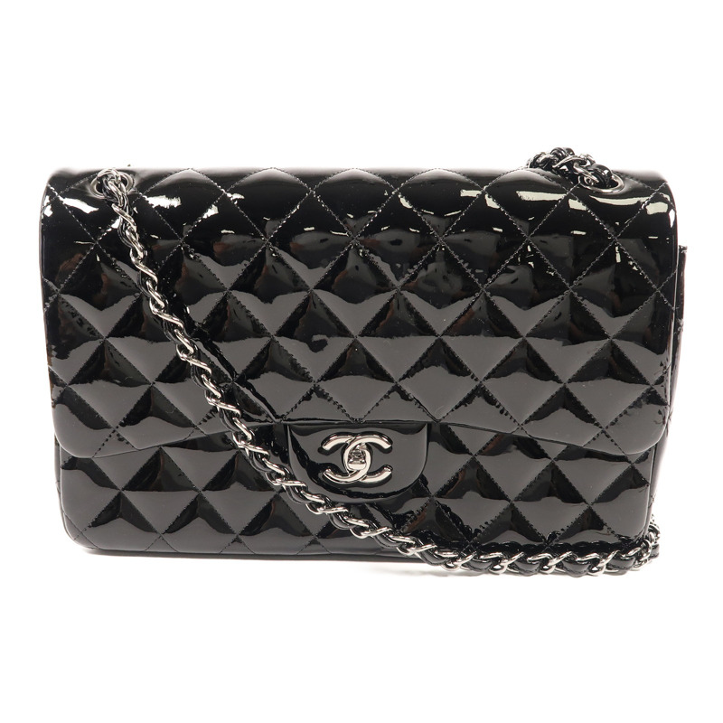 CHANEL 漆皮皮革Large Classic銀扣鏈帶肩背袋-0