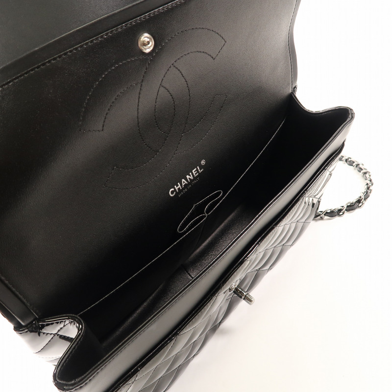 CHANEL 漆皮皮革Large Classic銀扣鏈帶肩背袋-4