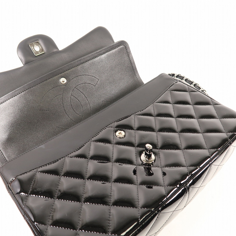 CHANEL 漆皮皮革Large Classic銀扣鏈帶肩背袋-15