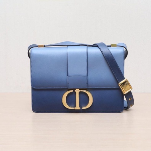 DIOR(迪奧) 30Montaigne 蒙田 皮肩帶 大號 24 藍色  金扣 2020