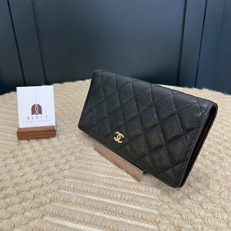 CHANEL 黑金菱格紋荔枝皮對開長夾-2