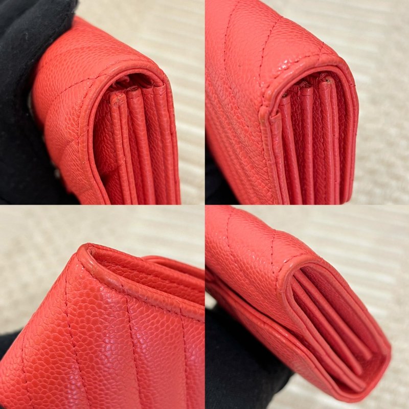 CHANEL CF珊瑚粉銀扣山型紋荔枝皮中夾-7