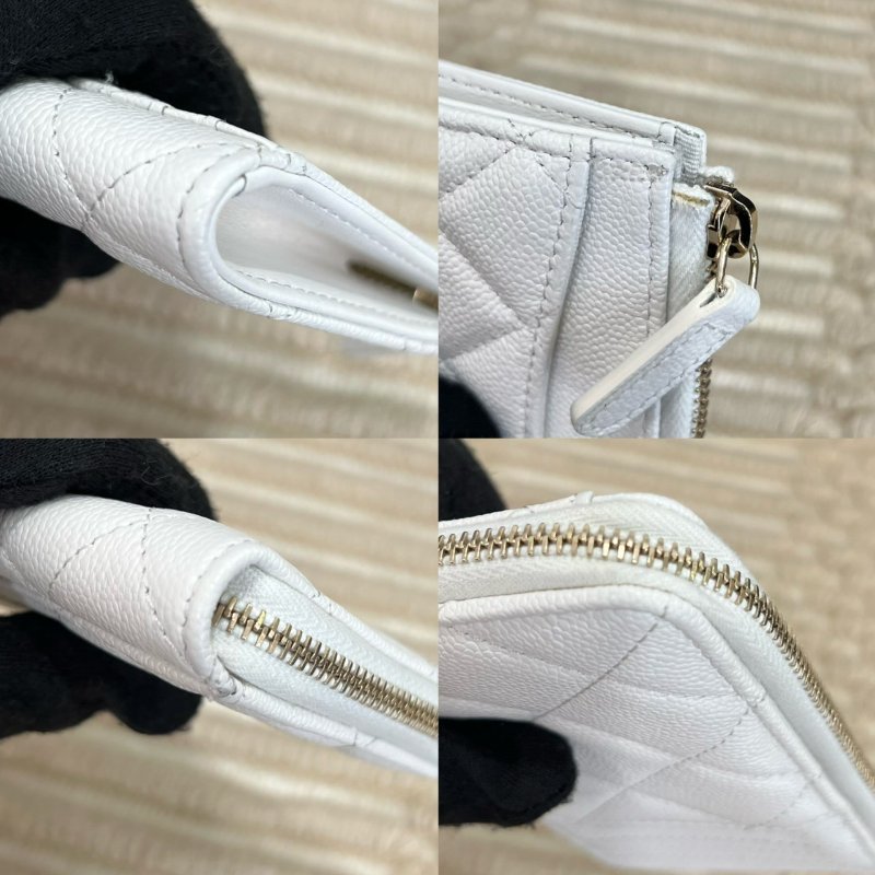 CHANEL 白淡金扣荔枝皮L字零錢卡包-3