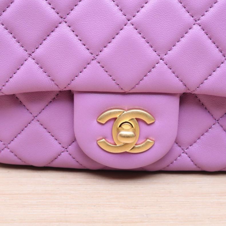 CHANEL(香奈兒) 22S CF 口蓋包 方胖子 17cm 紫色 晶片開 金扣 核桃金球肩帶-5