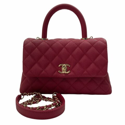 CHANEL 香奈兒 COCO HANDLE Medium 荔枝牛皮 手提包 紅色