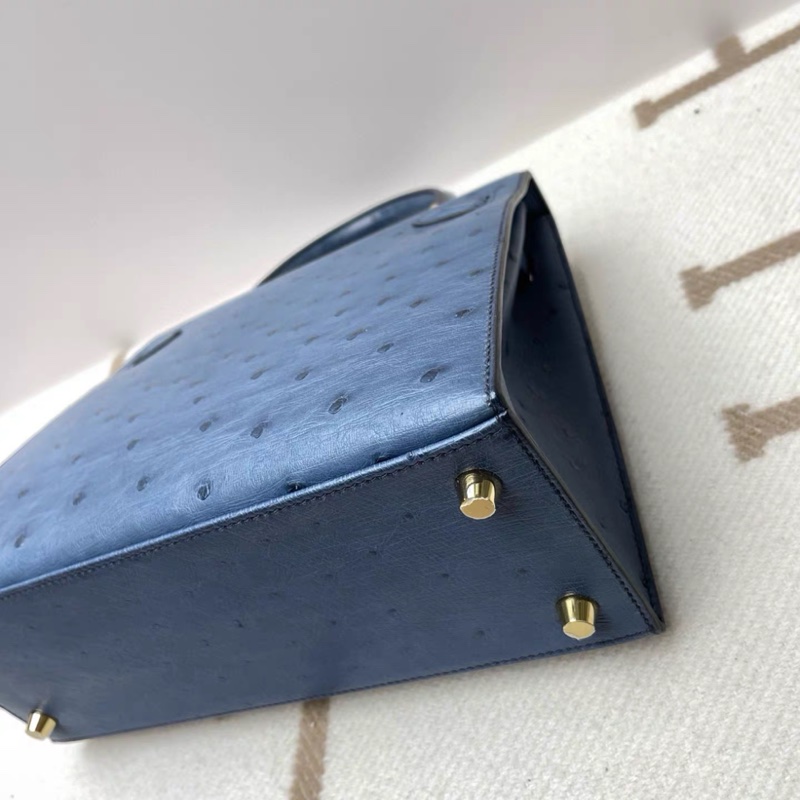 hermes 愛馬仕 Kelly25 藍灰色 鴕鳥 💓色號74 BLEU ROY 金扣 Y刻 全套無票 部分原膜在-8