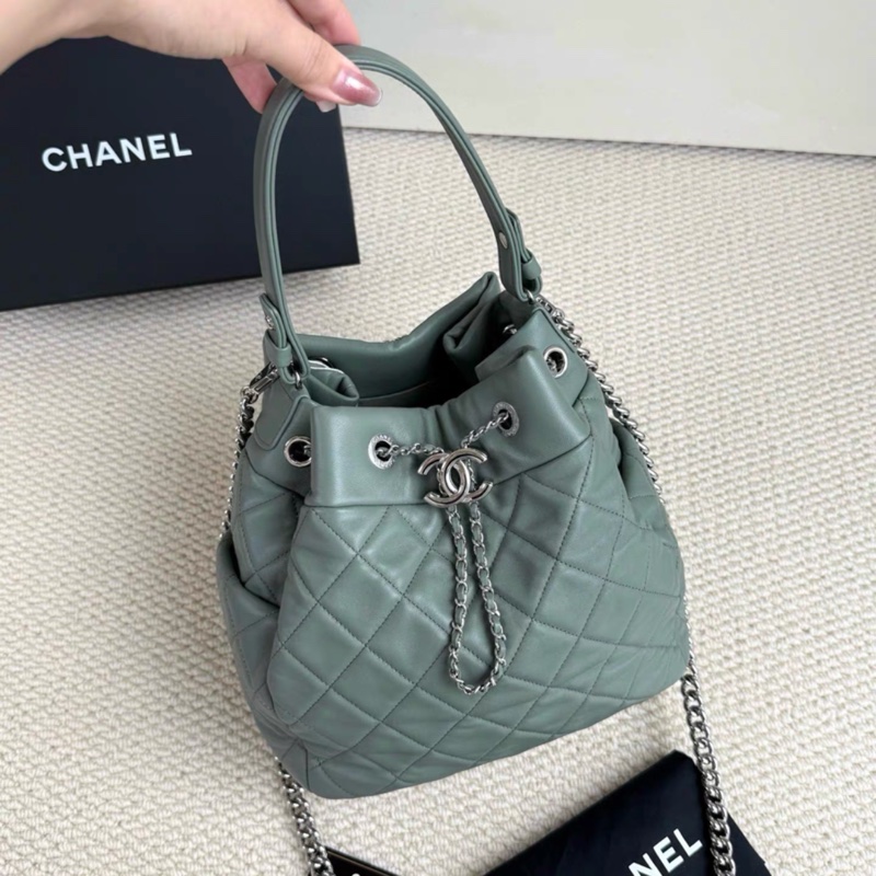 全套 Chanel 香奈兒 抹茶綠 銀扣 手柄 抽繩水桶包-0