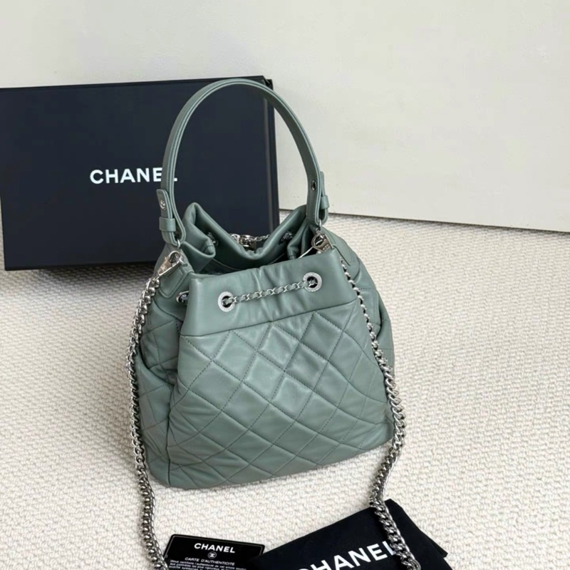 全套 Chanel 香奈兒 抹茶綠 銀扣 手柄 抽繩水桶包-5