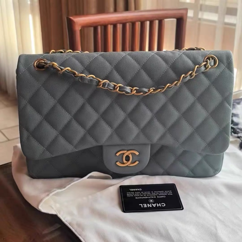 30cm 大號Chanel香奈兒CF霧霾藍荔枝皮鏈條包，經典菱格紋配金扣-0