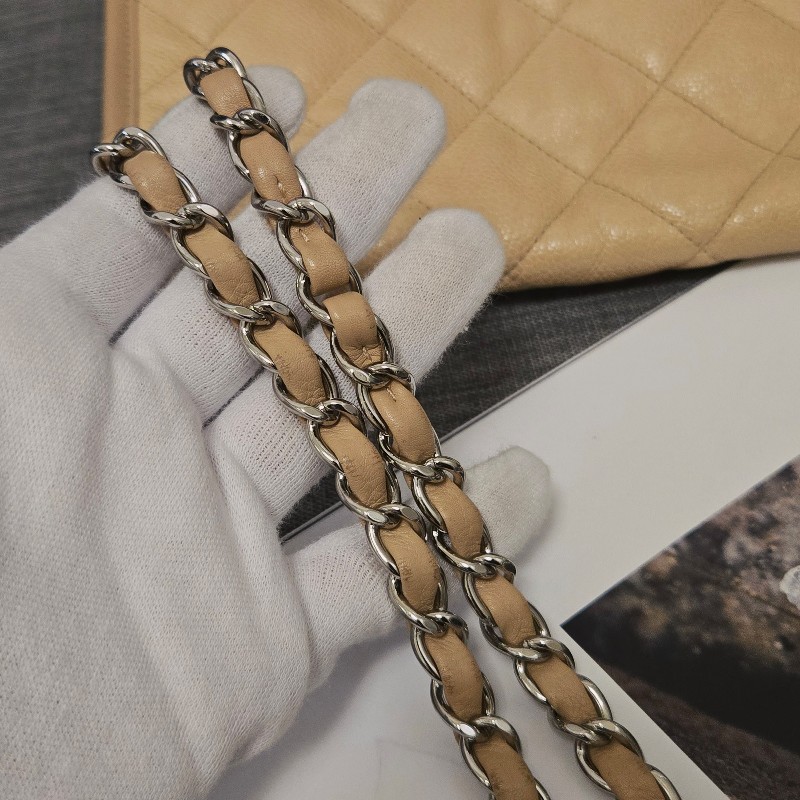 香奈兒 Chanel 奶茶色 米色 荔枝皮 掀蓋包肩背包 斜背包 冠軍包-36