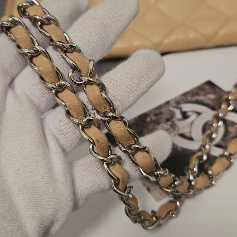 香奈兒 Chanel 奶茶色 米色 荔枝皮 掀蓋包肩背包 斜背包 冠軍包-37