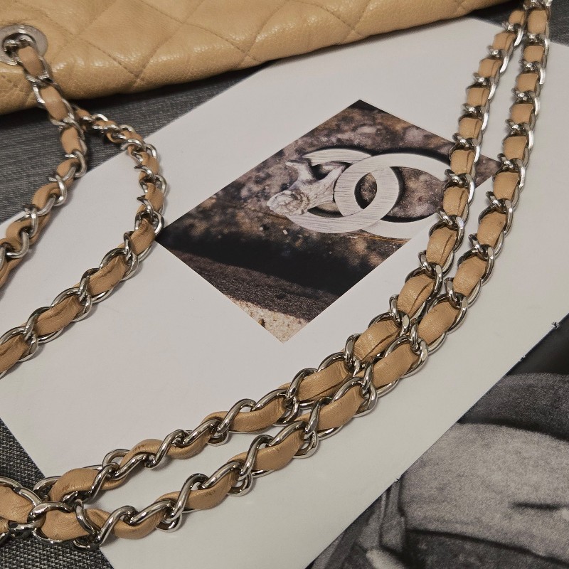 香奈兒 Chanel 奶茶色 米色 荔枝皮 掀蓋包肩背包 斜背包 冠軍包-39