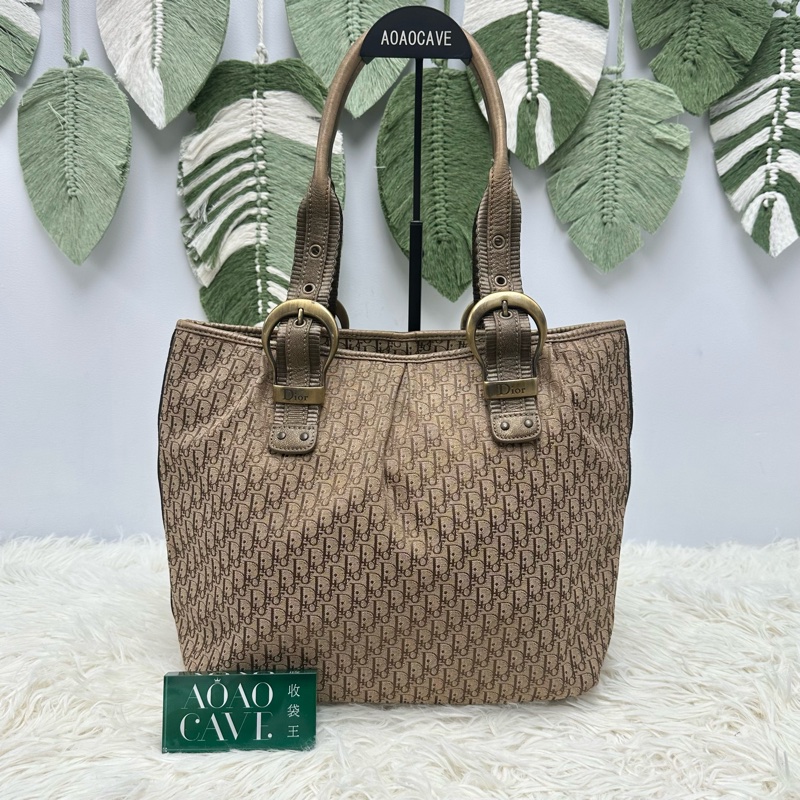 DIOR Trotter Vintage 杏色帆皮拼豹紋 單肩手提包-0