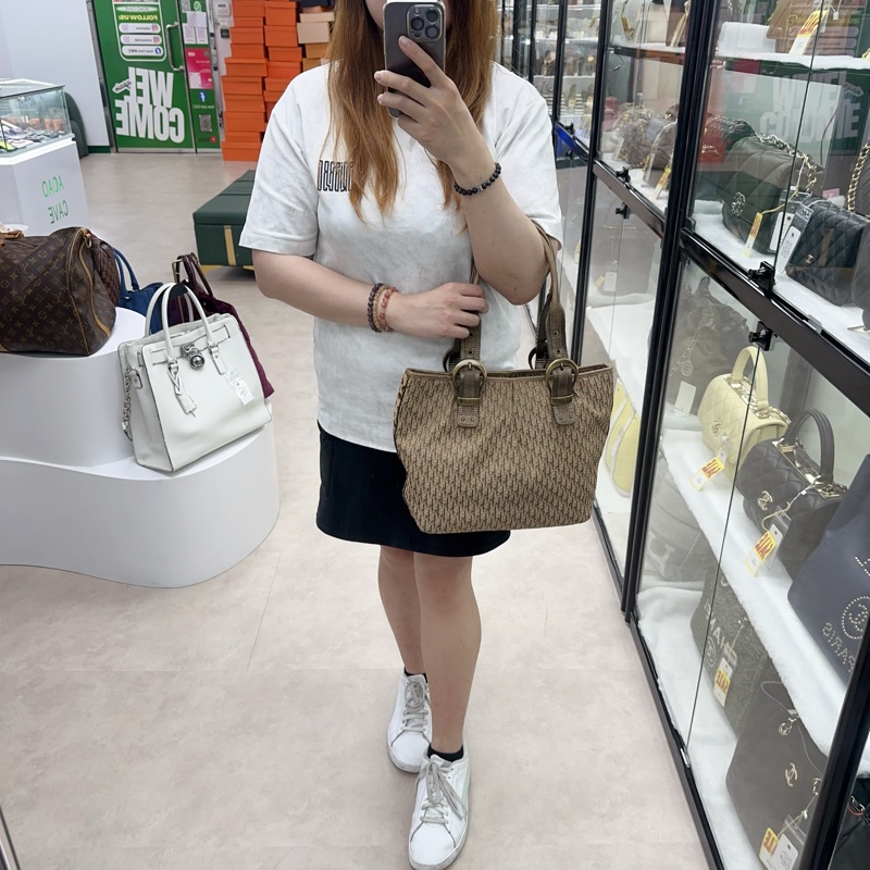 DIOR Trotter Vintage 杏色帆皮拼豹紋 單肩手提包-1