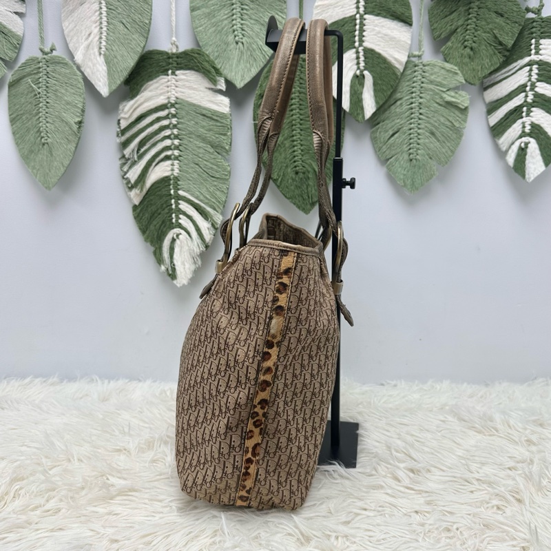 DIOR Trotter Vintage 杏色帆皮拼豹紋 單肩手提包-2