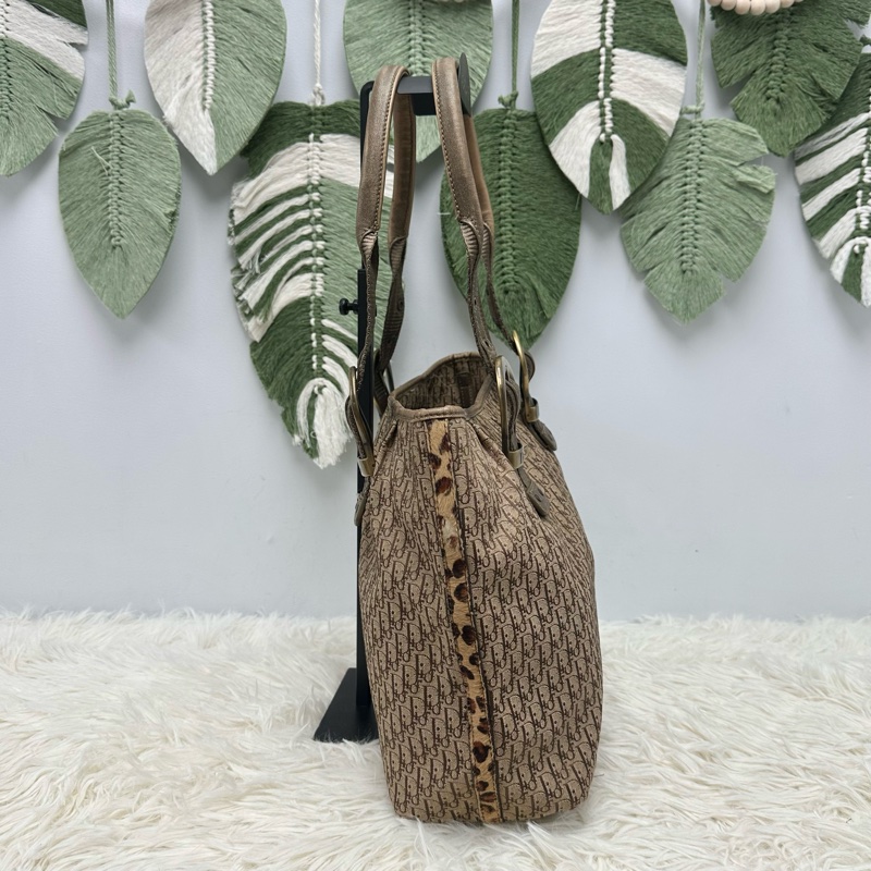 DIOR Trotter Vintage 杏色帆皮拼豹紋 單肩手提包-3